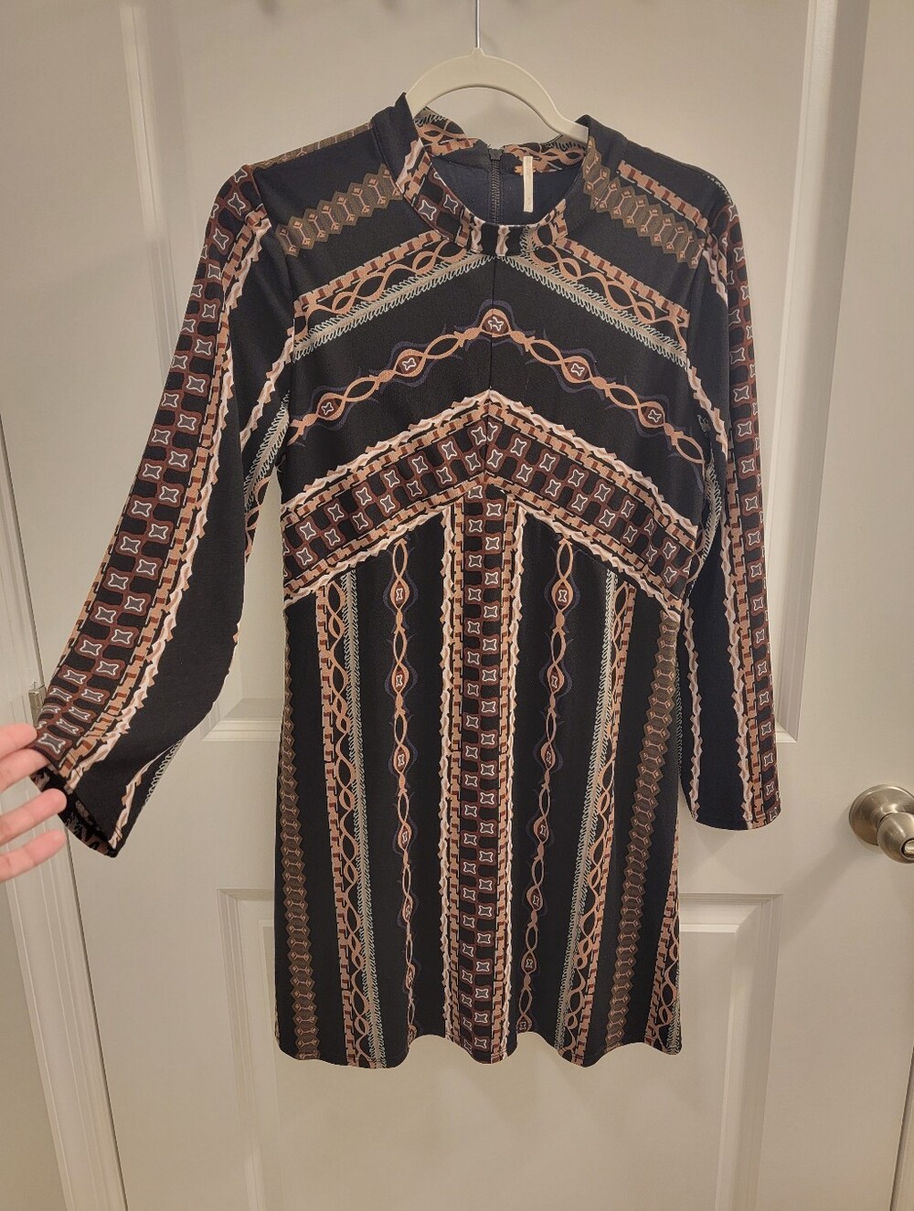 Free People Black and Brown Patterned Long-Sleeve Dress